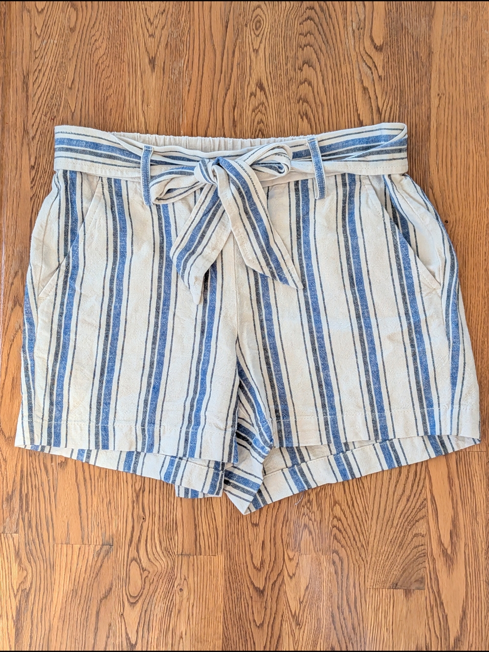 J Crew Blue and Cream Striped Linen Blend Tie Waist Shorts